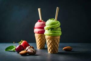 three ice cream cones with different flavors. AI-Generated photo