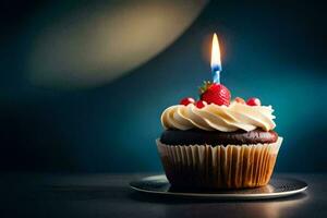 a cupcake with a single candle on top. AI-Generated photo