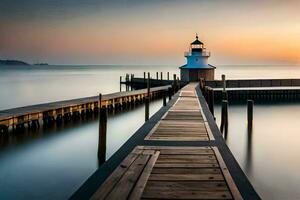 a long exposure photograph of a lighthouse at sunset. AI-Generated photo