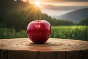 an apple sits on top of a stump in front of a sunset. AI-Generated photo