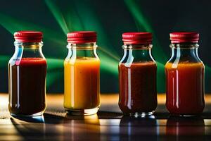 five bottles of sauce in different colors. AI-Generated photo