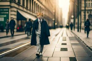 un gato vistiendo un máscara camina abajo un ciudad calle. generado por ai foto