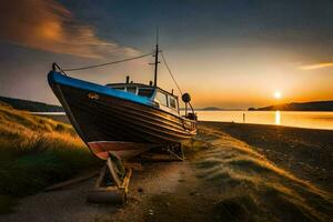 a boat sits on the shore at sunset. AI-Generated photo