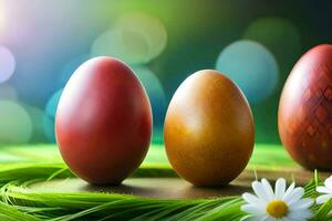 three eggs are sitting on a green grassy surface. AI-Generated photo