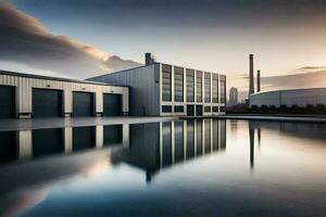 a factory building with a large pool in front of it. AI-Generated photo