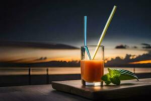 a glass of juice with two straws on a table. AI-Generated photo