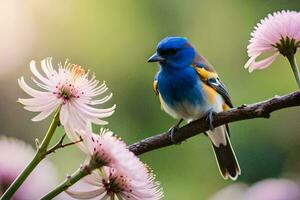 a blue and yellow bird sits on a branch with pink flowers. AI-Generated photo