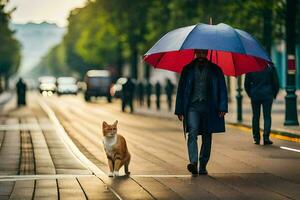 un hombre caminando con un perro debajo un sombrilla. generado por ai foto