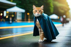 an orange cat wearing a cape on the street. AI-Generated photo