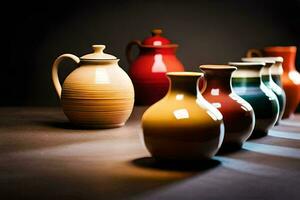 a row of colorful vases on a dark table. AI-Generated photo