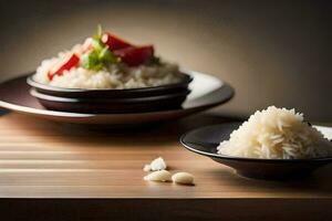 dos bochas de arroz sentar en un mesa. generado por ai foto