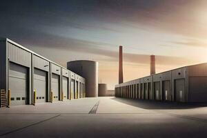 a large industrial warehouse with a sun setting behind it. AI-Generated photo