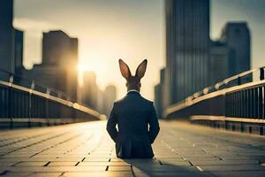 un Conejo en un traje sentado en un puente. generado por ai foto