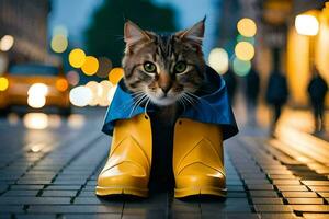 a cat in a raincoat. AI-Generated photo