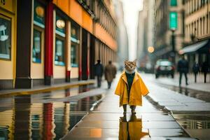 a cat in a raincoat standing on a wet street. AI-Generated photo