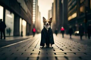 un perro vistiendo un Saco en pie en un calle. generado por ai foto