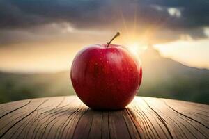 un manzana se sienta en parte superior de un de madera mesa. generado por ai foto