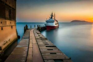 a boat docked at the end of a pier at sunset. AI-Generated photo