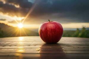 an apple sits on a wooden table in front of the sun. AI-Generated photo