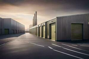 a warehouse with two doors and a large building. AI-Generated photo