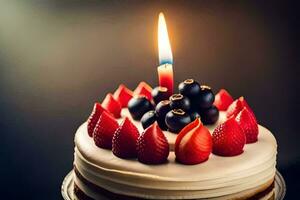 a birthday cake with berries and a lit candle. AI-Generated photo