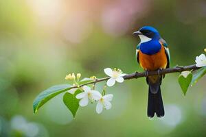 a colorful bird sits on a branch with flowers. AI-Generated photo