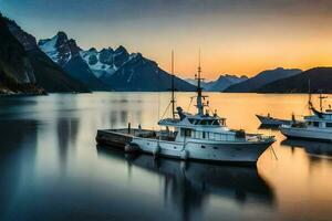 boats docked in the water at sunset with mountains in the background. AI-Generated photo