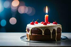 a birthday cake with a lit candle. AI-Generated photo