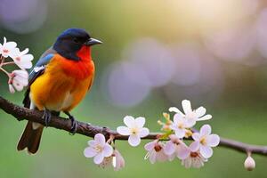 a colorful bird sits on a branch with flowers. AI-Generated photo