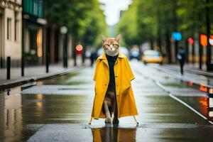 a cat in a raincoat walking down a street. AI-Generated photo