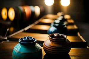 colorful vases on a wooden table. AI-Generated photo