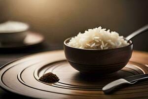 a bowl of rice on a wooden plate. AI-Generated photo