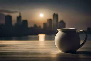un café jarra se sienta en un de madera mesa en frente de un ciudad horizonte. generado por ai foto