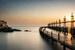 a long exposure photograph of a pier at sunset. AI-Generated photo