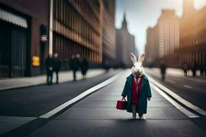 a rabbit in a coat and red bag standing on the street. AI-Generated photo
