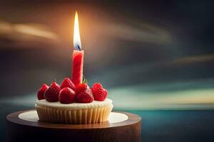 a cupcake with a single candle on top. AI-Generated photo