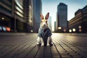 a rabbit wearing a suit and tie sits on the ground. AI-Generated photo