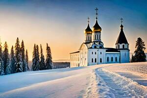 un Iglesia en el nieve con arboles y nieve. generado por ai foto