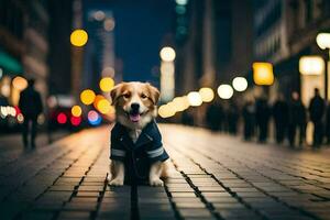 a dog wearing a jacket sitting on the sidewalk at night. AI-Generated photo