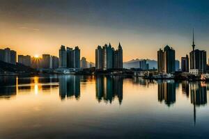 the city skyline is reflected in the water at sunset. AI-Generated photo