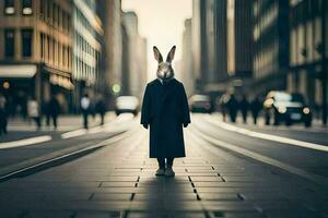 a rabbit wearing a coat and standing in the middle of a city street. AI-Generated photo