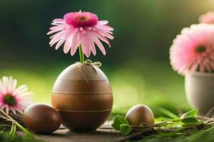 Pascua de Resurrección flores en un de madera huevo. generado por ai foto