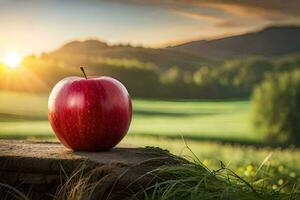 un manzana se sienta en un tocón en frente de un campo. generado por ai foto