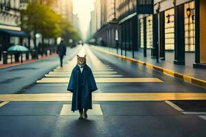 a cat in a blue robe standing on the street. AI-Generated photo