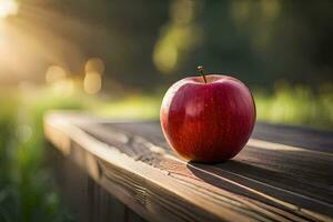 an apple sits on a wooden bench in the sun. AI-Generated photo