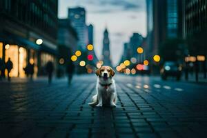 a dog sitting on the street in front of a city. AI-Generated photo