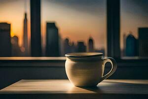 a coffee cup sits on a table in front of a window with a cityscape in the background. AI-Generated photo