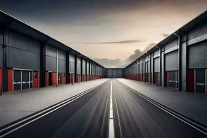 a long empty warehouse with a sky in the background. AI-Generated photo