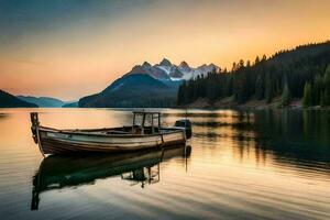 un barco se sienta en el agua a puesta de sol. generado por ai foto