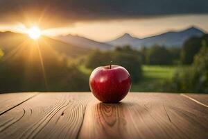 an apple sits on a wooden table in front of a sunset. AI-Generated photo